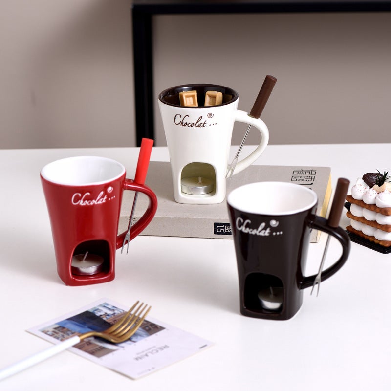 Tasse à chocolat fondu, tasse à fondue au chocolat, tasse à fondue en céramique avec fourchette à fromage et caramel (marron foncé)
