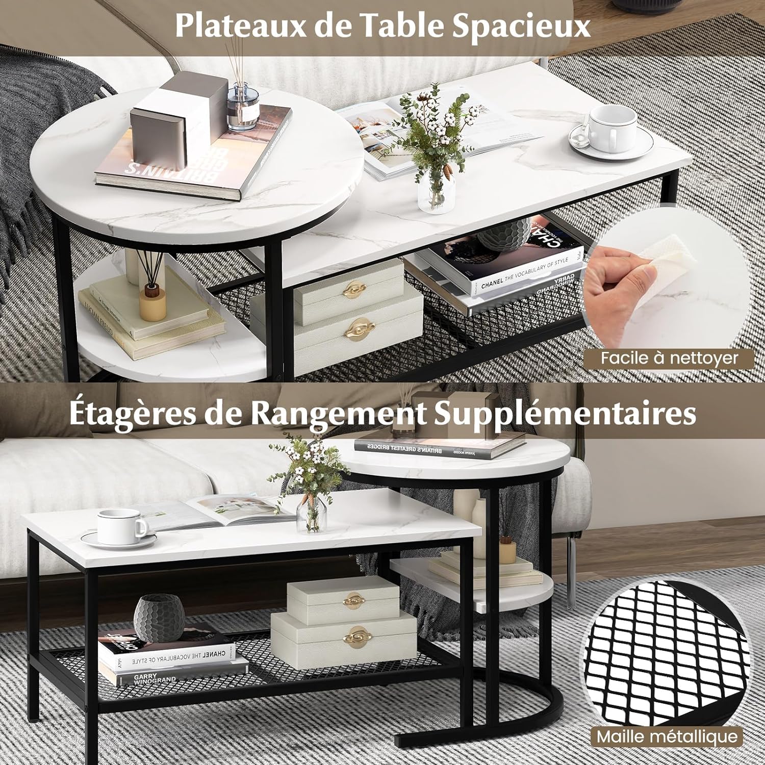 Tables Basses Gigognes Lot de 2,Table Gigogne Design Marbre,Cadre en Métal,Table Salon Rectangulaire - 5