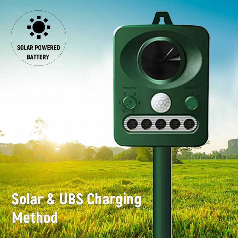 Repelente ultrasónico de aves para exteriores alimentado por energía solar, carga dual solar y USB, diseño resistente al agua, batería incorporada, co - 3