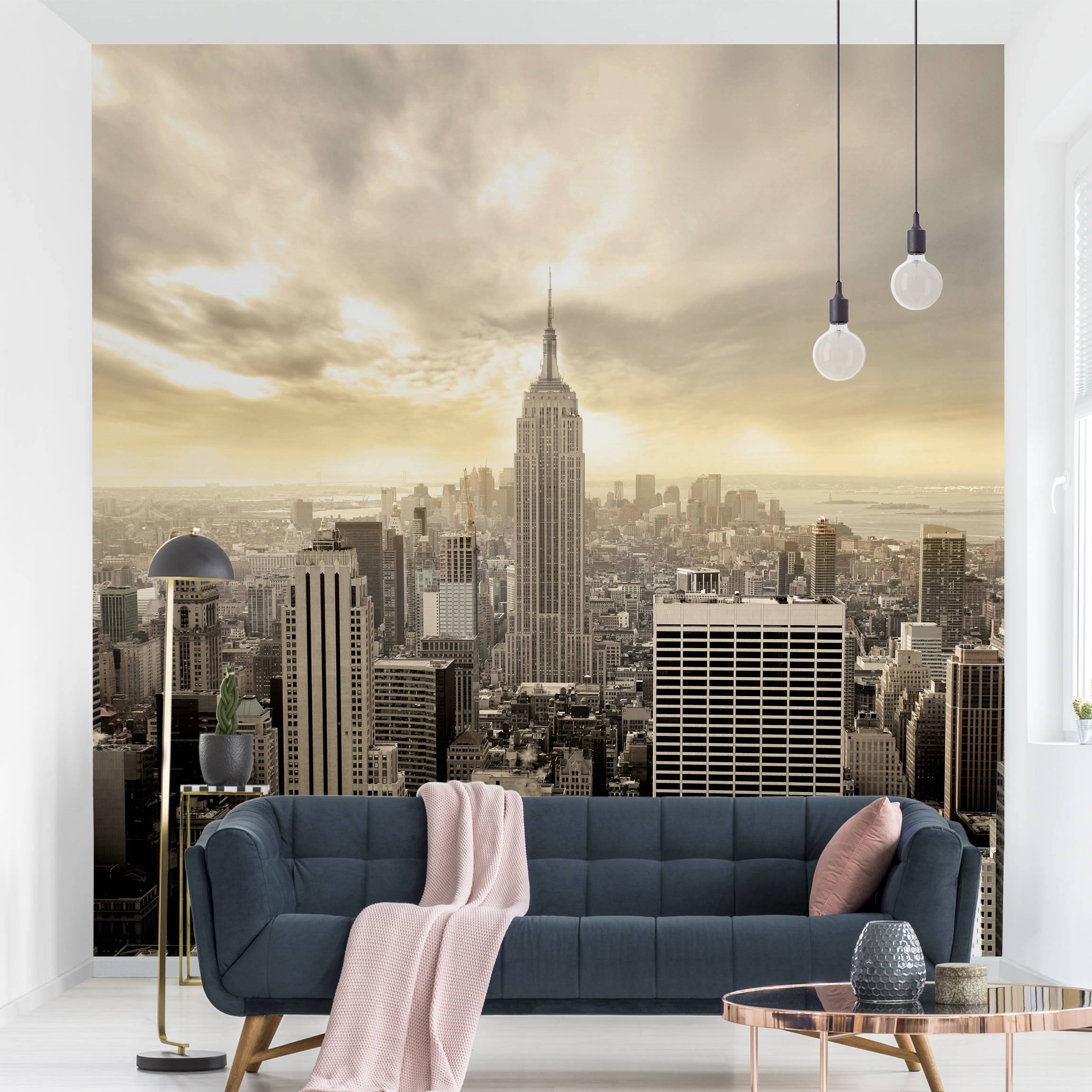 Papel pintado fotomural manhattan al amanecer vintage blanco y negro ciudades 70 - salón dormitorio cocina - tnt 240 x 240 cm premium
