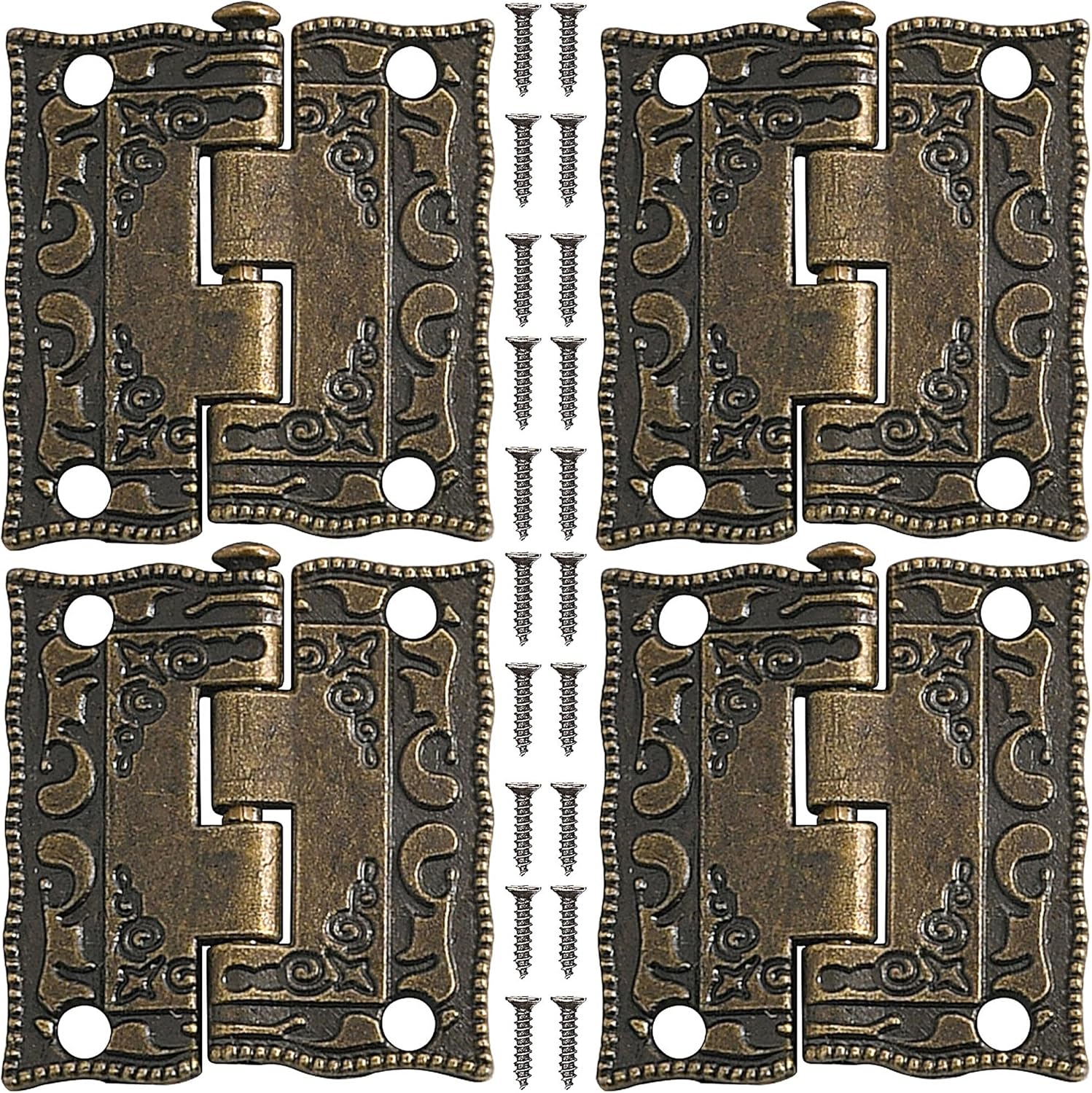 4 szt. drewnianych zawiasów do skrzyń, małe zawiasy, ozdobne zawiasy z 28 śrubami do ozdabiania drewnianych szafek i drzwi, 6,3 x 6,6 cm