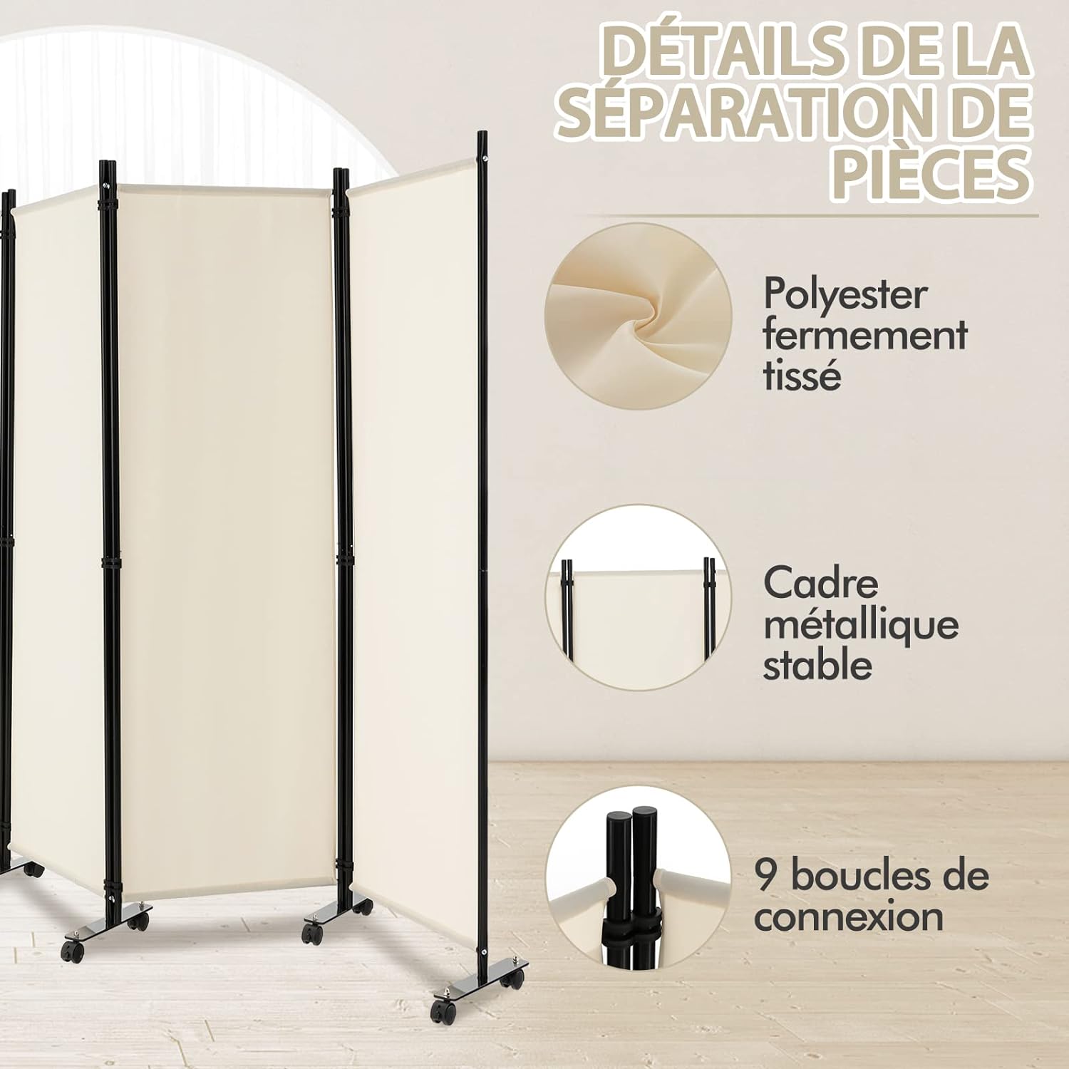 Paravento da Interno in Metallo, Separé Divisorio Interno Pieghevole con Piedini Stabili, Pannelli Divisori per Interni per Casa e Ufficio (Bi - 4