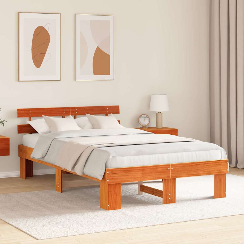 Cadre de lit avec tête de lit, pin massif, brun ciré, pour la chambre, 120 × 190 cm - 3