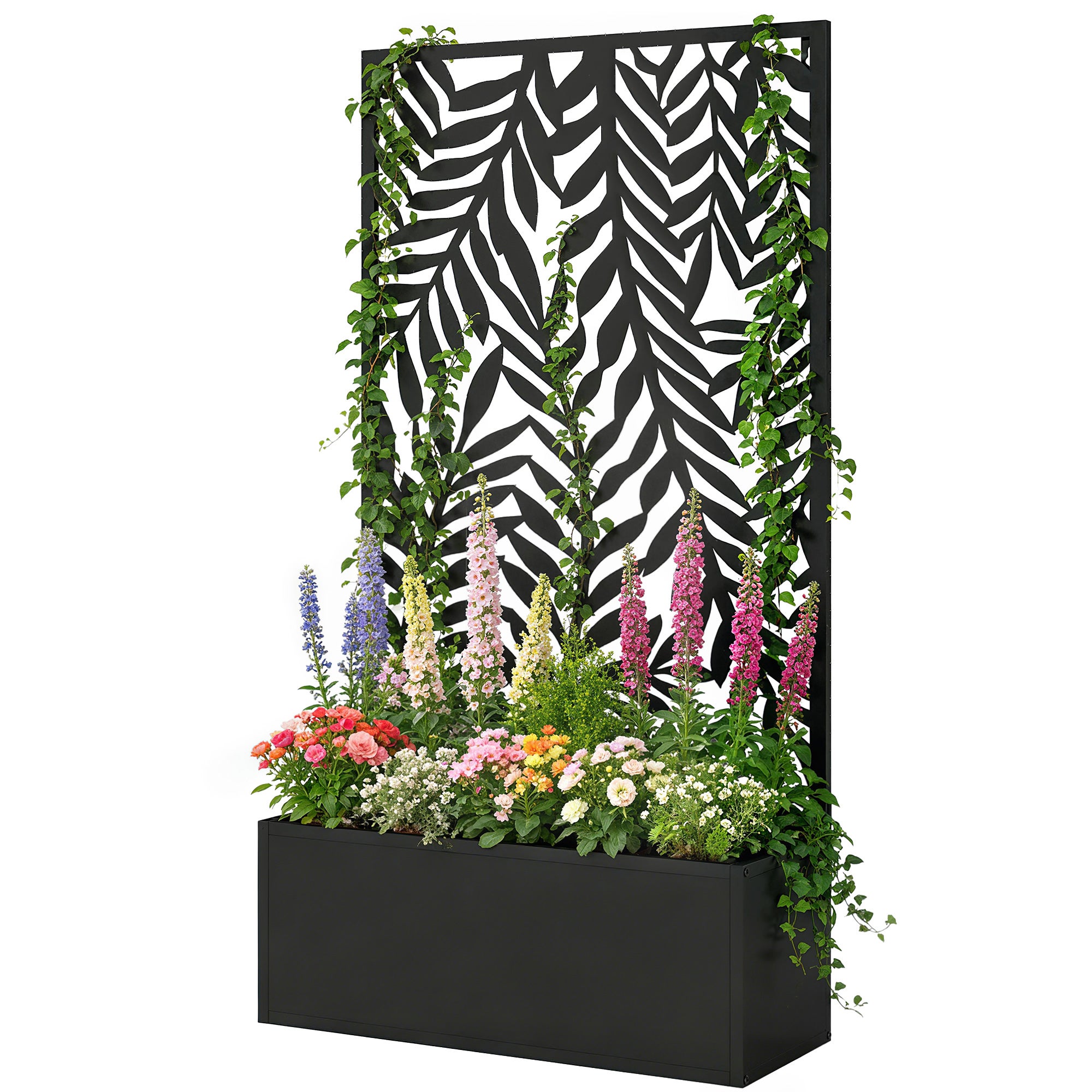 Jardinière avec paravent de confidentialité Jardinière avec treillis Motifs de feuilles tropicales 61 x 23 x 113 cm Noir - 2