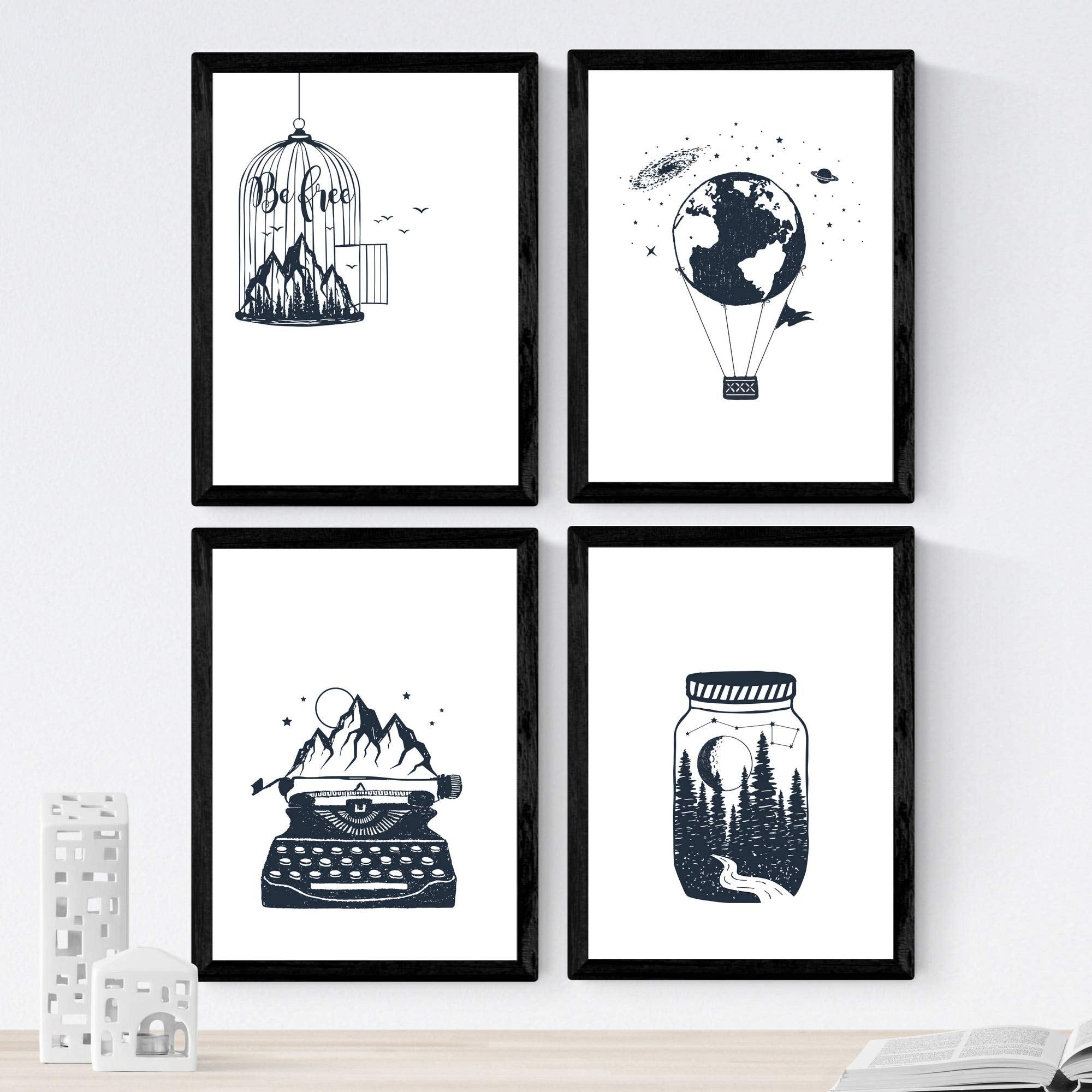 Nacnic set 4 láminas decorativas naturaleza creativa cuadros nórdicos con ilustración dibujo de montaña y bosque decoración moderna hogar