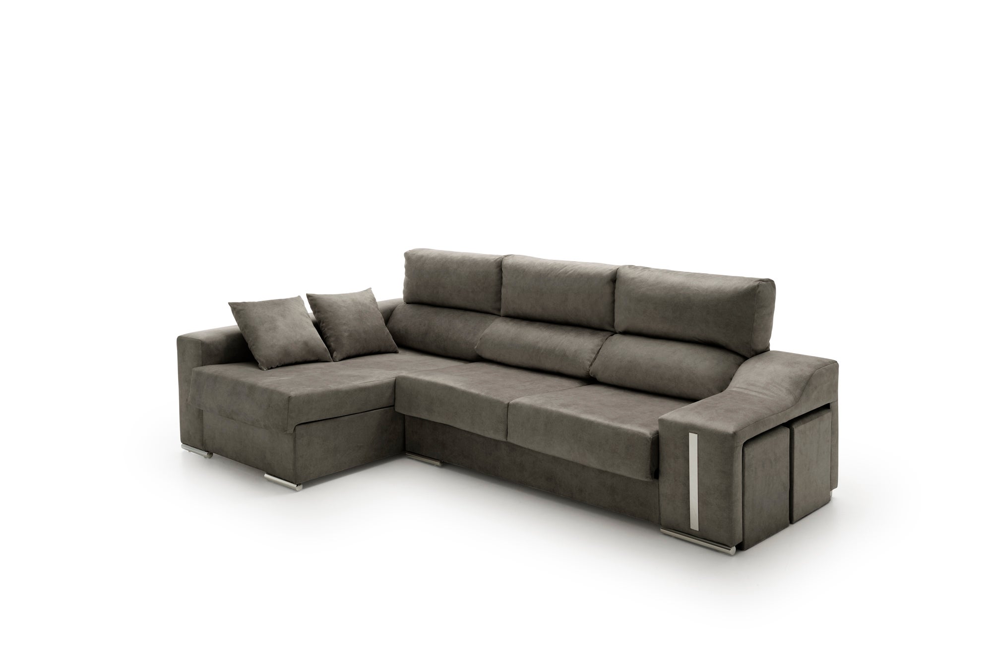 Sofa chaise longue reclinable y deslizante con puffs serena alta gama gris oscuro izquierda