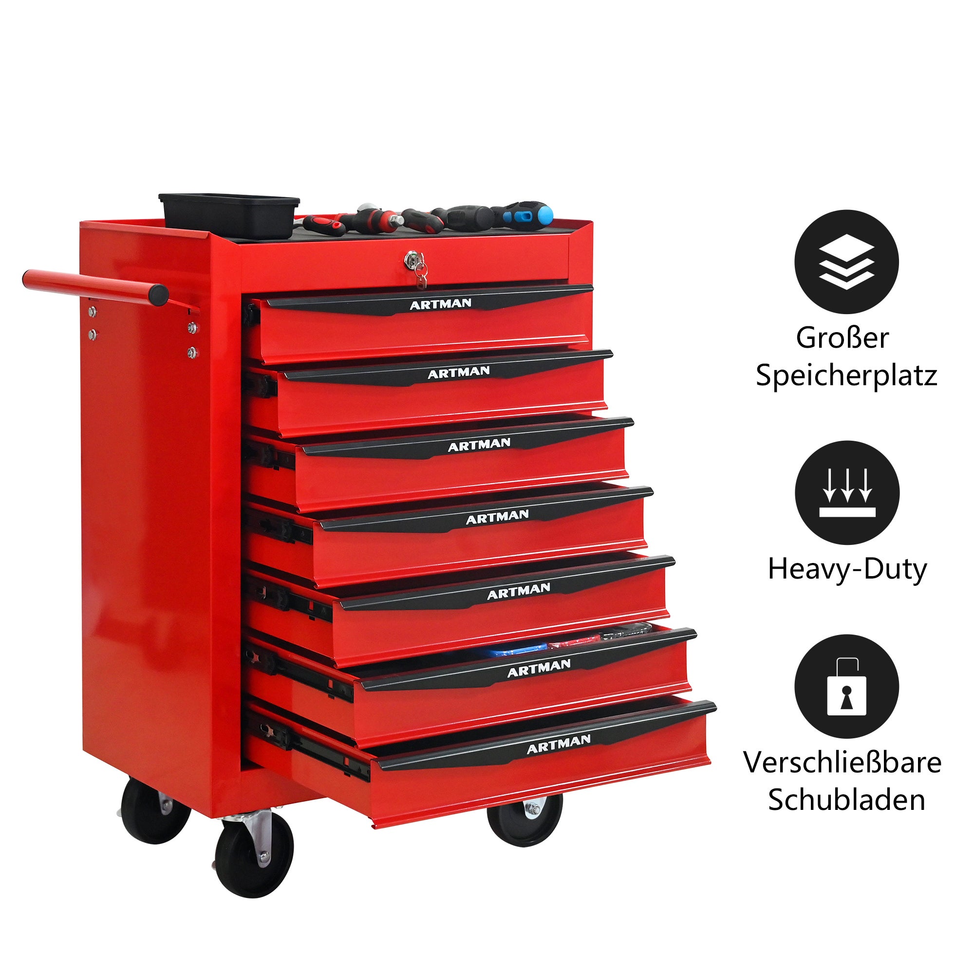 Coffre à outils roulant en métal à 7 tiroirs, armoire à outils pliable en 7 parties avec glissières à billes, organisateur d'outils en acier - 2