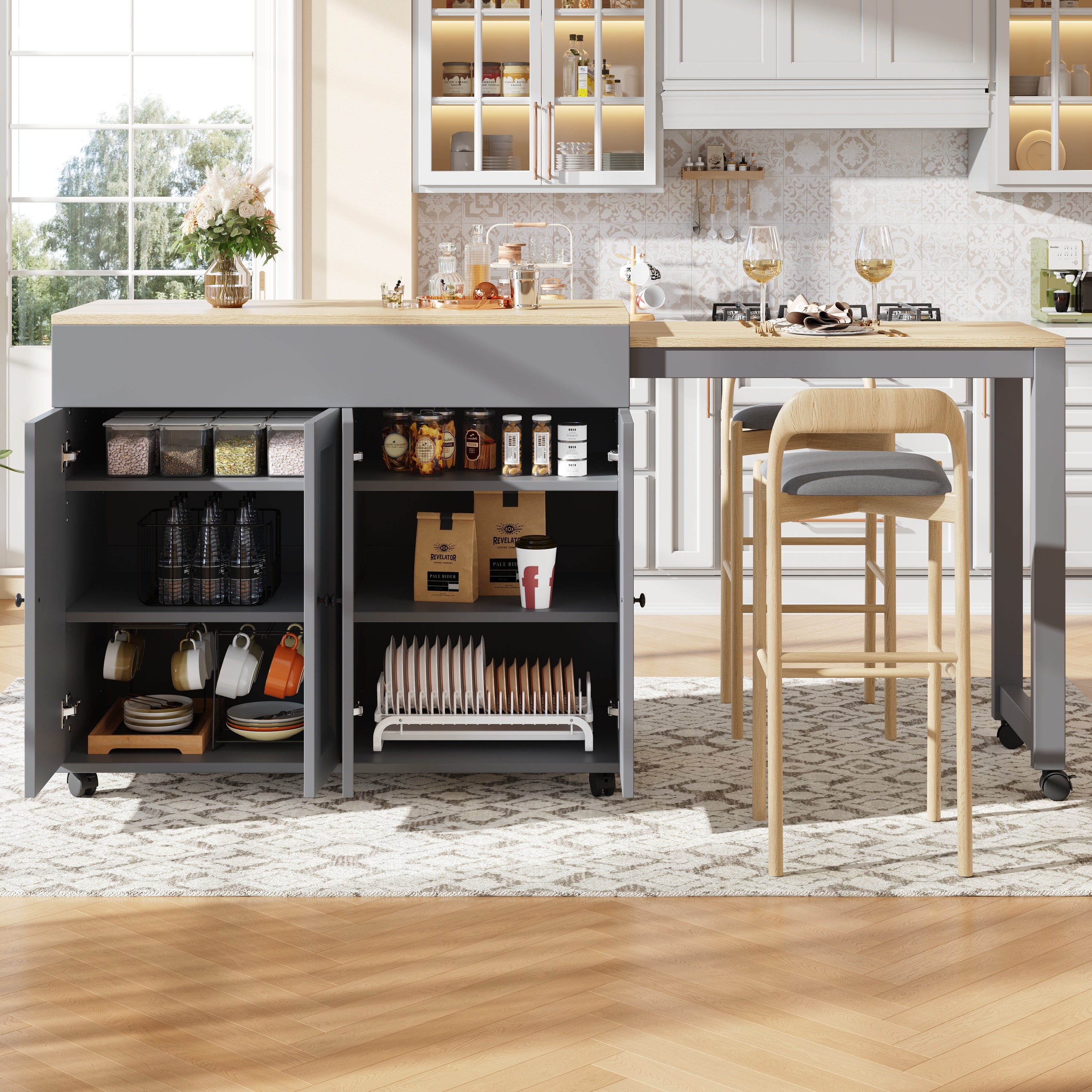 Wyspa kuchenna z rozkładanym stołem jadalnym i 4 drzwiami - 118/180 x 50 x 94 cm - MDF - Szara - 2