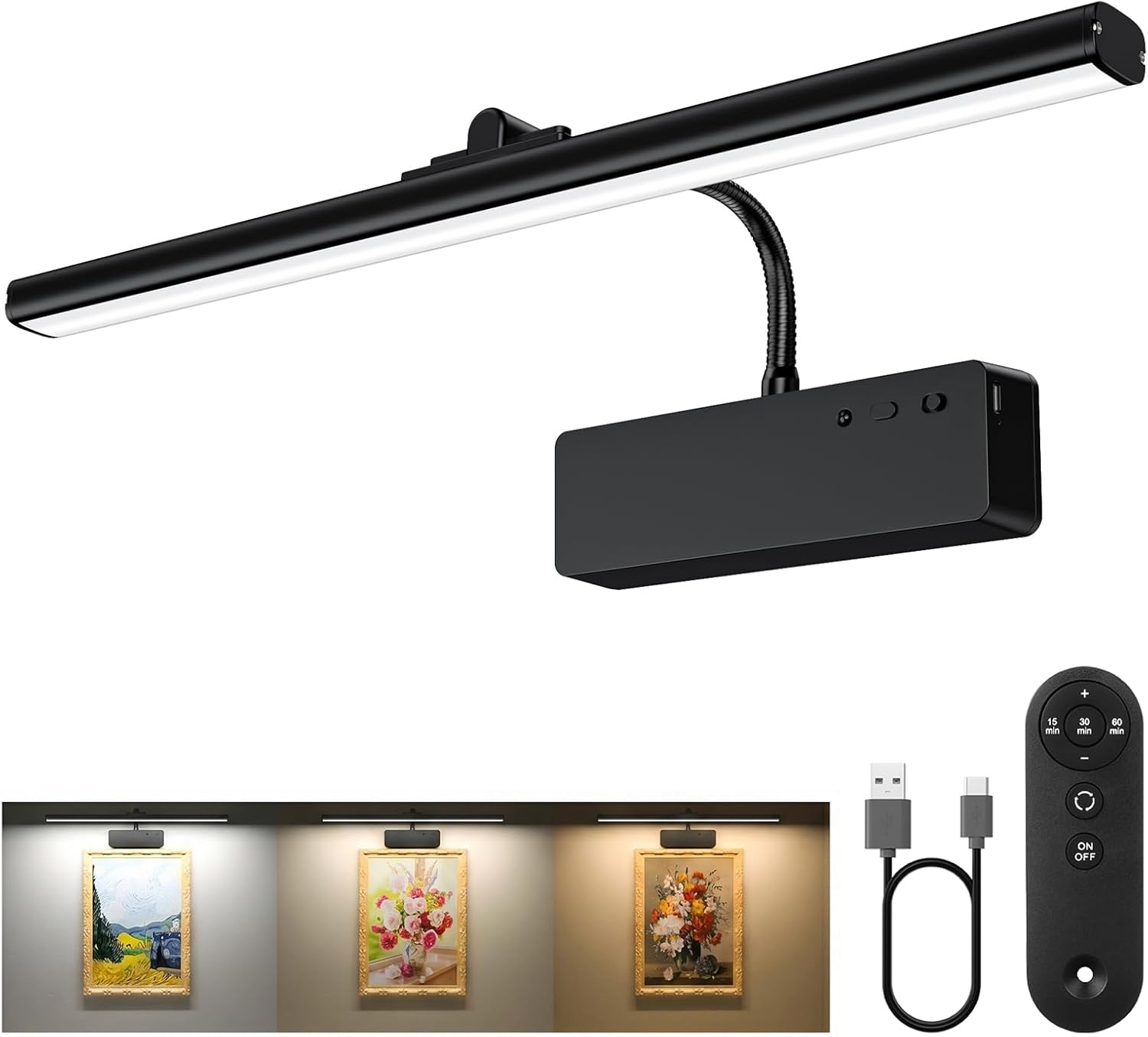 Bezprzewodowa lampa do obrazów (39 cm) – akumulatorowa, bateria 5400 mAh, pilot w zestawie, 3 temperatury barwowe, z timerem i regulacją jasności