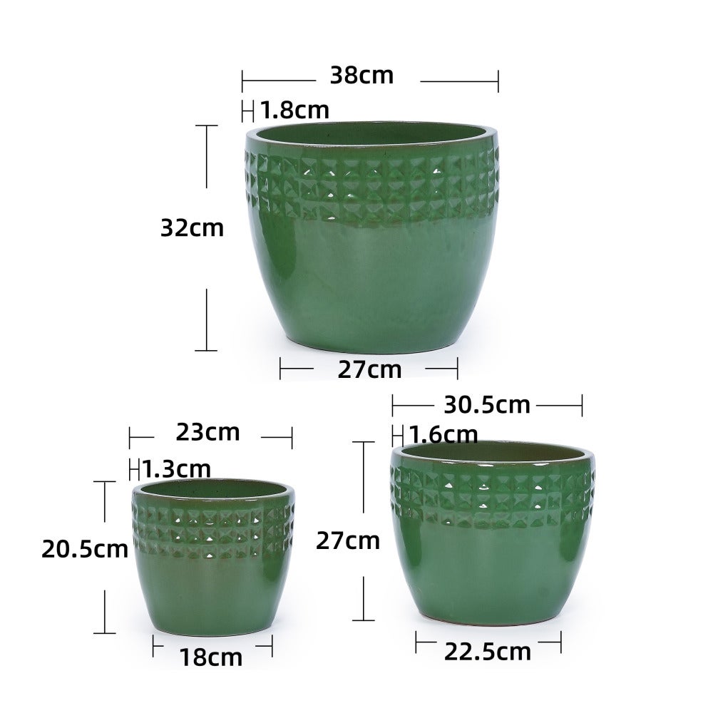 Set de 3 macetas de cerámica hechas a mano, patrón rombo verde, drenaje integrado, resistente interior/exterior Ø38/30/23 cm - 3