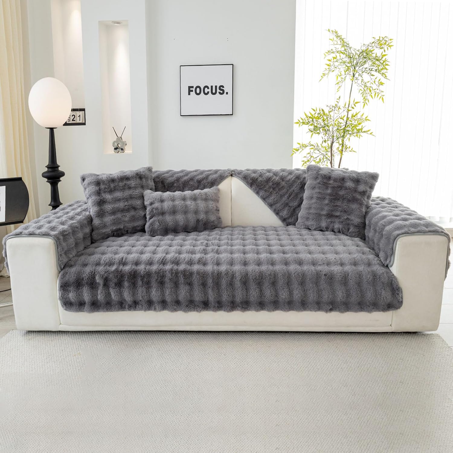 Housse De Canapé Extensible En Velours Côtelé Gris - 3 Places, Lavable - Couvre-siège