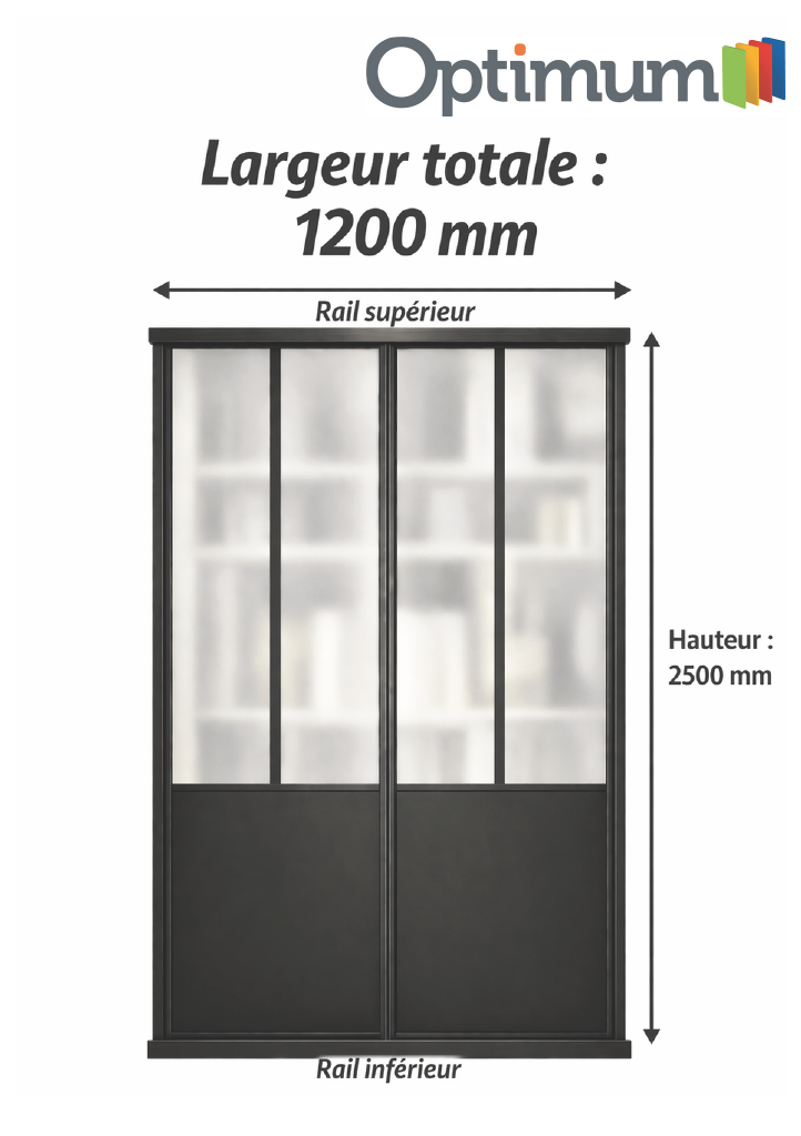 Pack de 2 portes de placard coulissantes, décor atelier noir, verre dépoli blanc, rails noirs, H 2500 x Largeur totale 1200 mm - 3