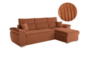 Canapé D'angle FARAH 4 Places Réversible - Convertible En Lit Avec Rangement, Velours Côtelé Et Pouf Inclus