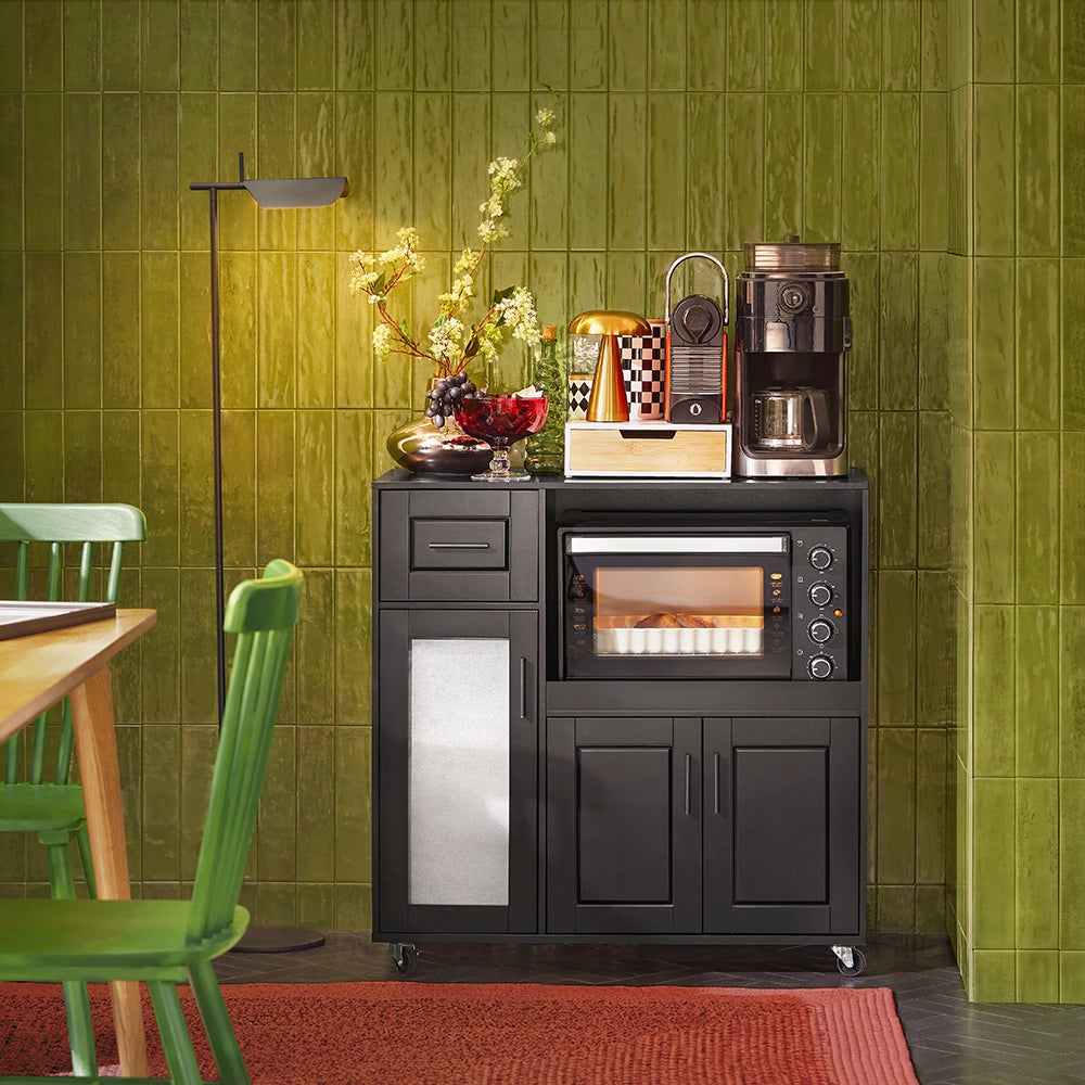 SoBuy FSB78-SCH Meuble Micro-Ondes Buffet Commode sur roulettes avec 3 Portes, 1 Tiroir, 1 Compartiment, pour Cuisine, Salle à Manger, Salon - 2