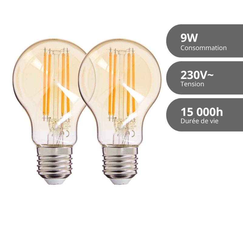 Xanlite - Lot de 2 ampoules à filament LED A60 Globe ambrées, culot E27, 806 Lumens, conso. 9W éq. 60W, Blanc chaud - PACK2RFDE800GA - 5