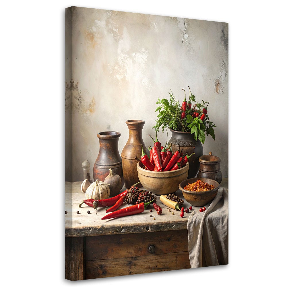 Obraz do kuchni jadalni restauracji, Papryczki chili czosnek dzbanki 80x120