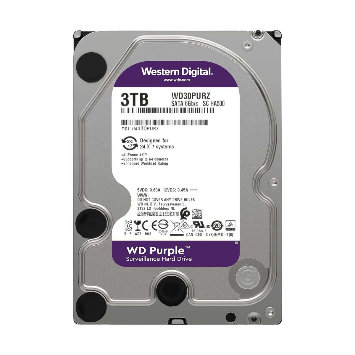 Disque Dur Interne WD Purple 3TB - 3,5", SATA 6Gb/s, 5400 RPM, 256MB Cache - Reconditionné, Pour Surveillance Vidéo