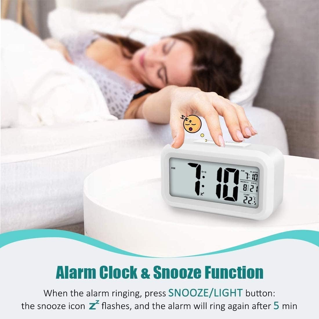 Réveil de voyage numérique, affichage LED silencieux pour enfants et adultes, calendrier de température, veilleuse avec fonction snooze - 4