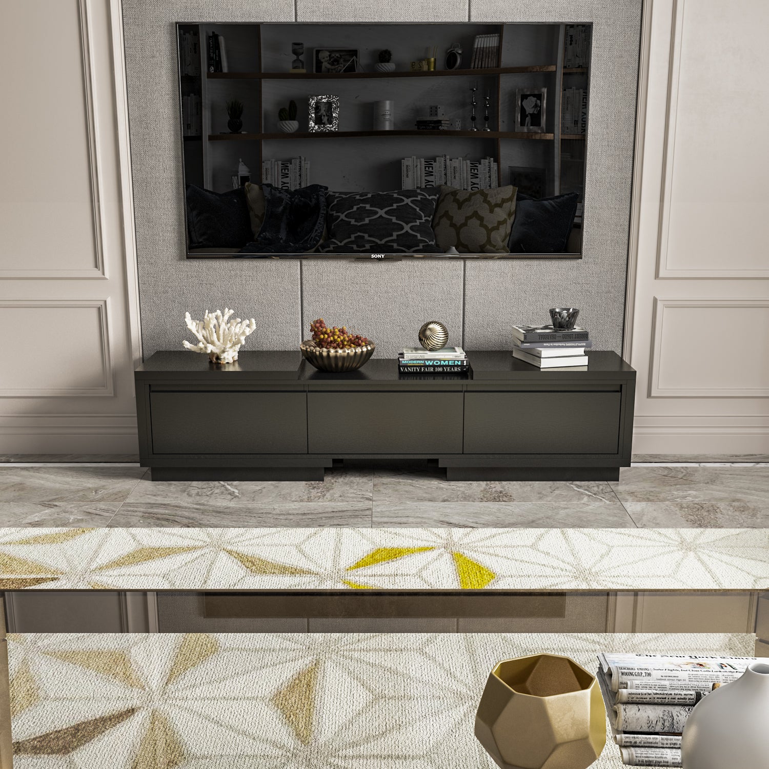 Meuble TV extensible 166-270 cm avec 3 tiroirs et 2 compartiments pour salon, noir - 7