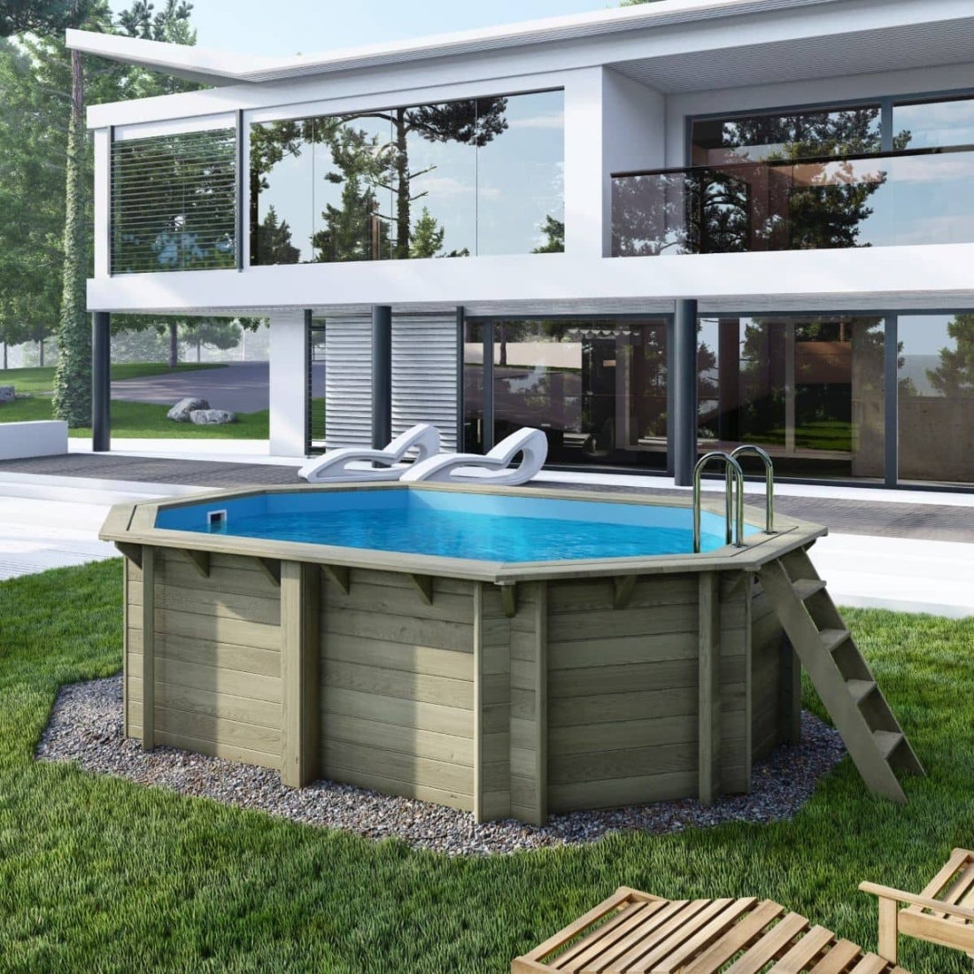 Piscină supraterană din lemn NEMO 4,3 x 3 – H. 1,18 m, albastru deschis, cadru metalic – fără placă de bază – BAS7302OSPU