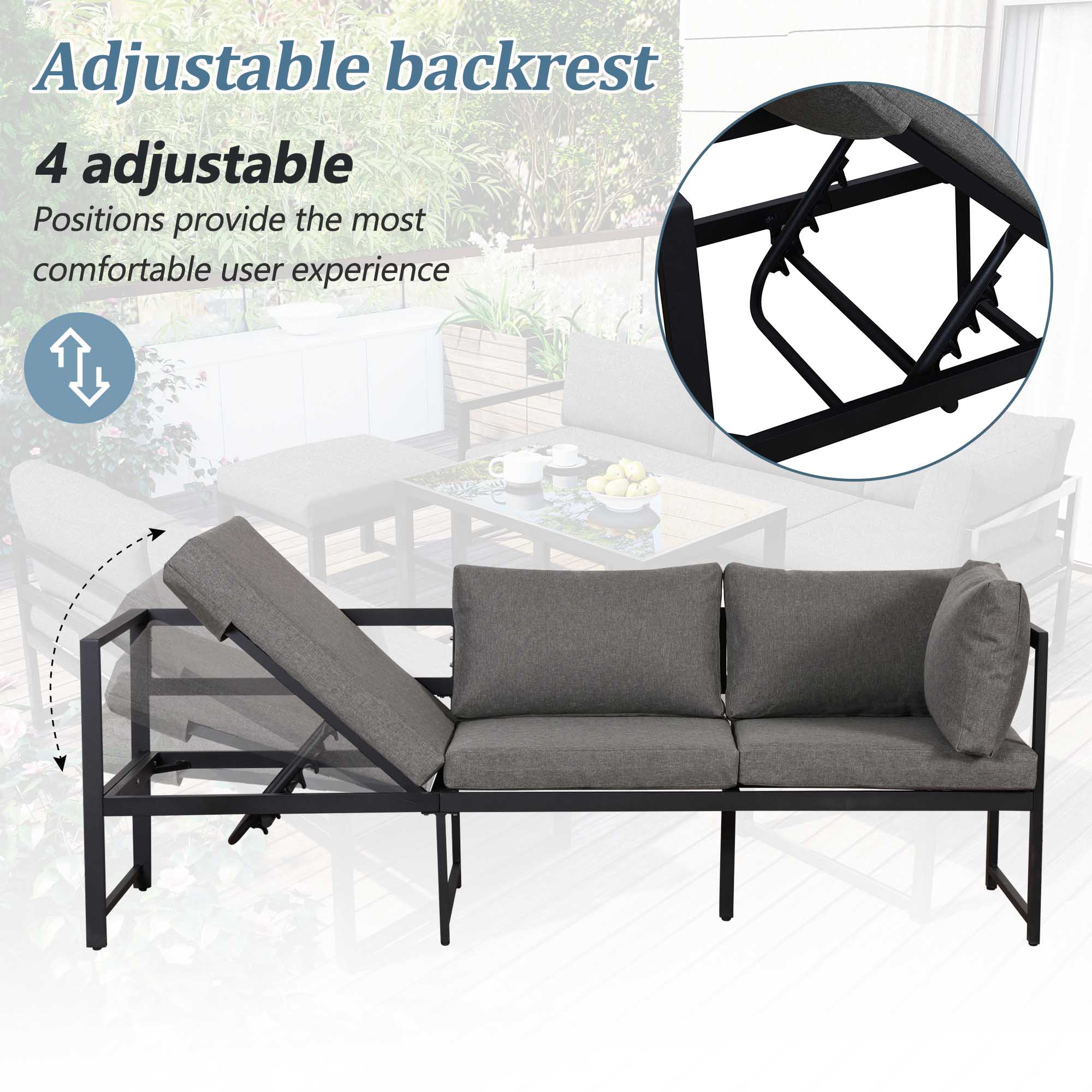 Aluminiowy zestaw ogrodowy wypoczynkowy szary z sofą, stolikiem, poduszkami i regulowanym oparciem 4-poziomowym - 8