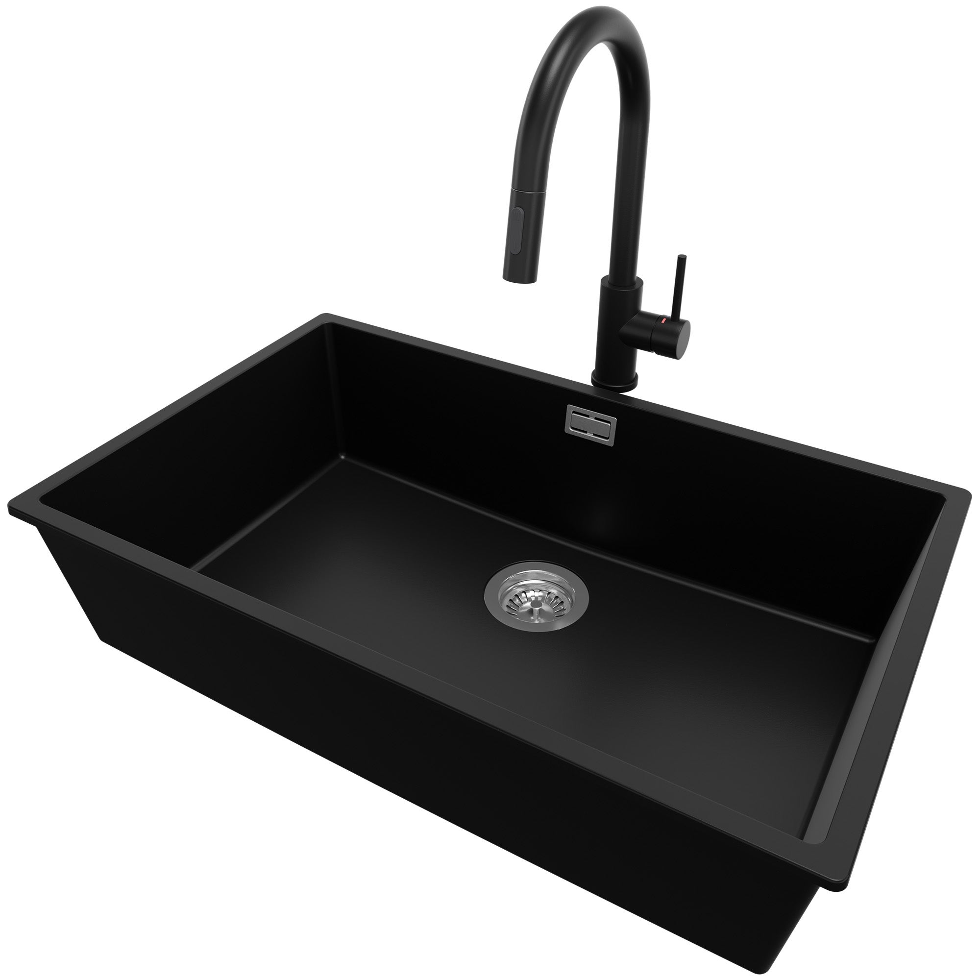Fregadero Bajo Encimera De Granito Todo Negro 76x47 Cm - London Twin 80cm Con 2 Senos, Grifo, Sifón Y Escurridor Enrollable