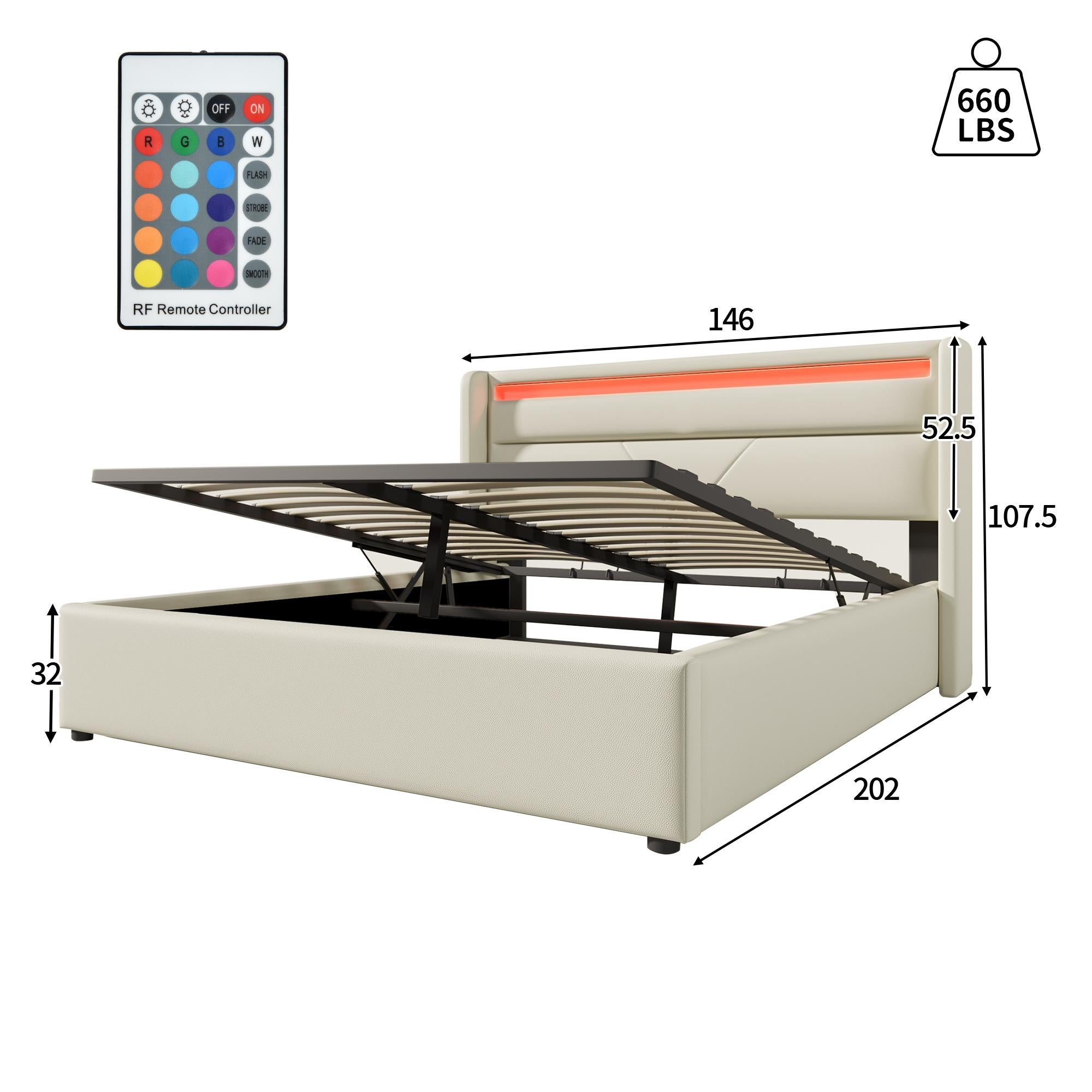 Łóżko z pojemnikiem 140x200cm z ekoskóry z LED - z stelażem na listwy - Białe - 5