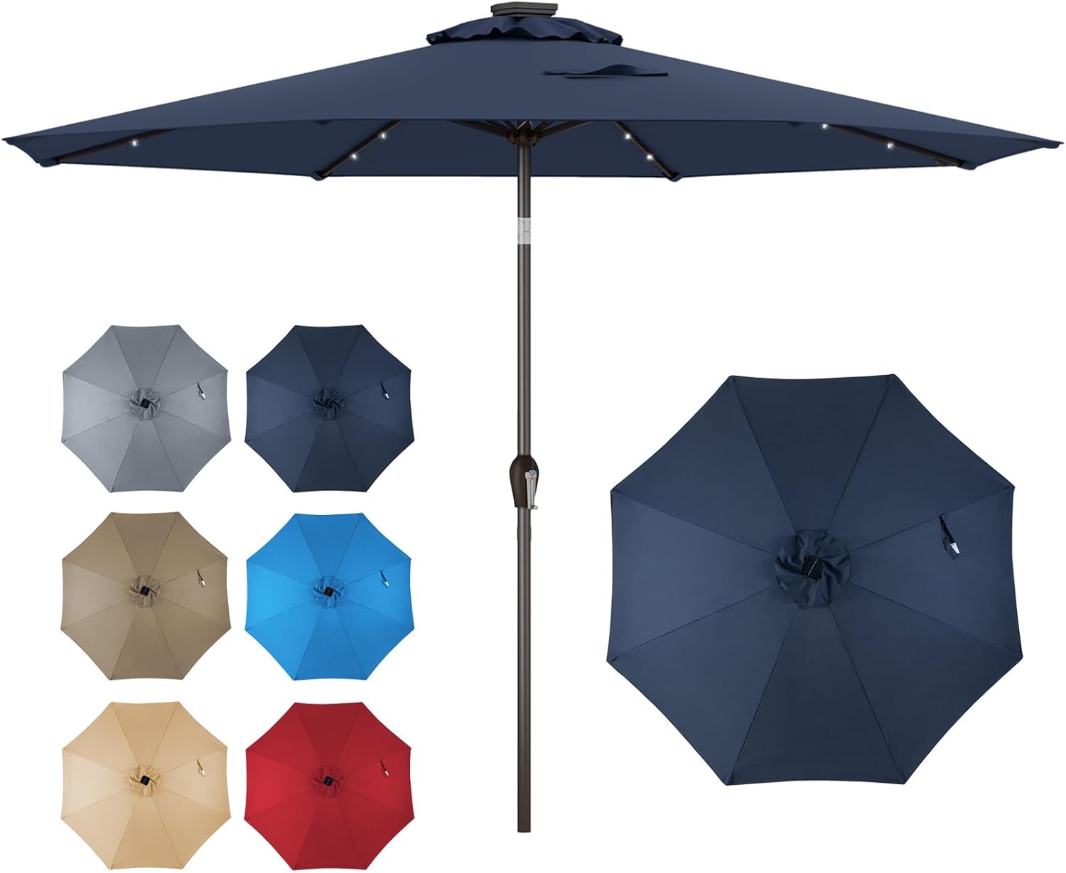 Parasol Ogrodowy 3M, Parasol z Regulacją Nachylenia, 8 Żeber, Podświetlenie Słoneczne 24 LED, Korba, Ochrona przed UV, Duży Parasol, Ciemnoniebieski