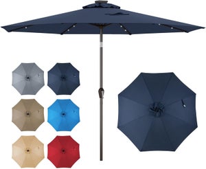 Parasol de Jardin 3M, Parasol Inclinable 8 Baleines, Lumineux Solaire 24 LED, Manivelle, Anti-UV, Grand Parasol pour Plage, Balcon, Patio, Bleu Foncé