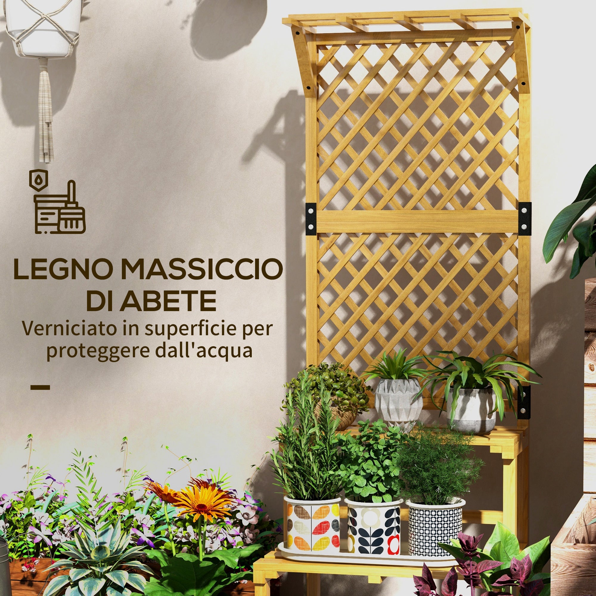 Outsunny Fioriera con Grigliato a 2 Livelli con Tetto e Ripiani a Doghe, in Legno di Abete, 60x50x166 cm - 5