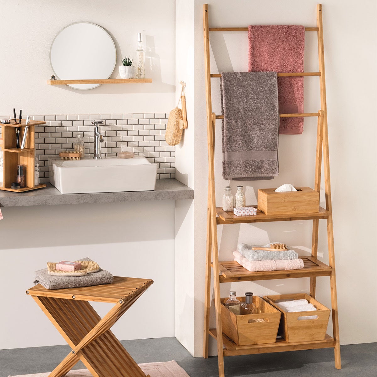 Étagère porte-serviette 3 niveaux bambou - 5five - 2