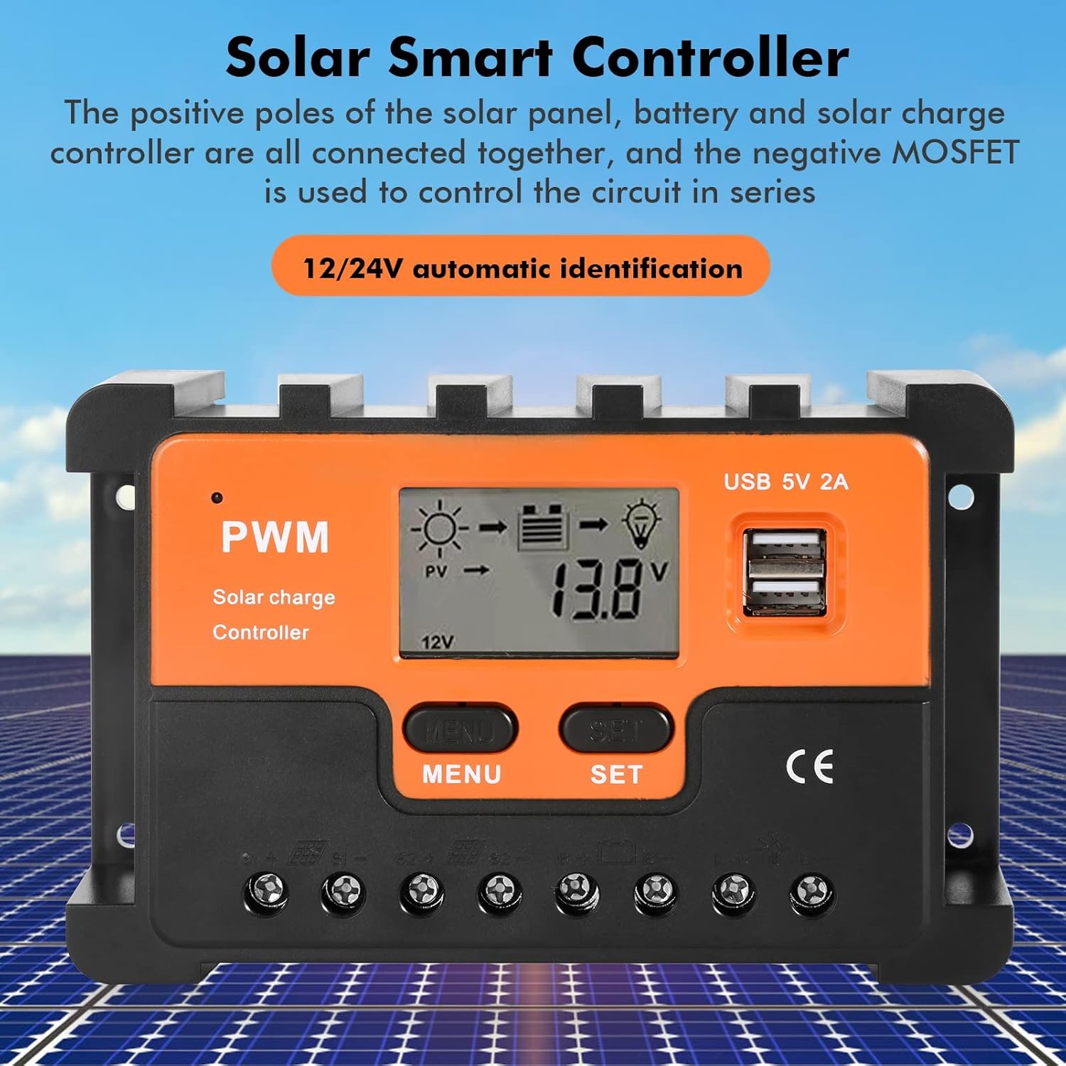 Controlador de Carga Solar PWM 20A, 12V/24V, Saída USB Dupla de 5V, para Painel Solar - 2