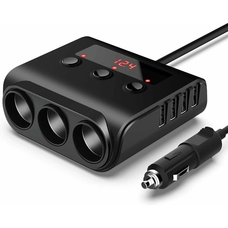 Gniazdo zapalniczki samochodowej 100 W/12 V/24 V z 3 portami + 4 portami ładowania USB, adapter ładowarki z woltomierzem LED i przełącznikiem