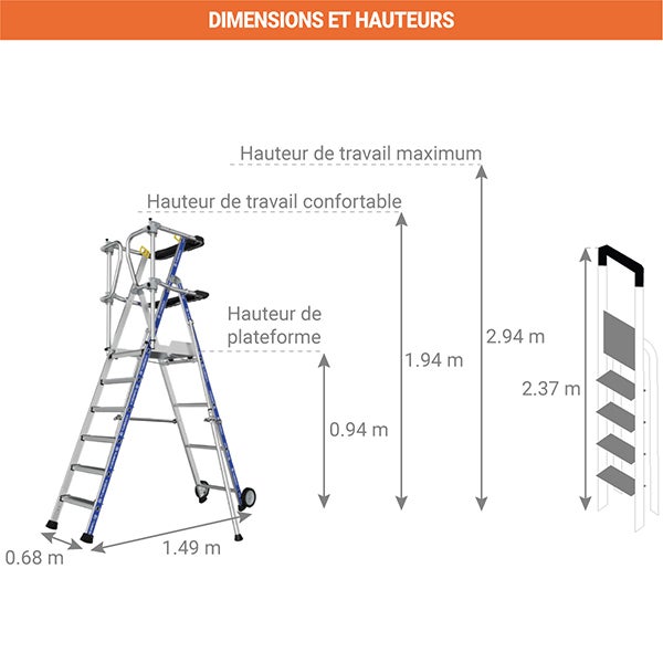 Escabeau PIRL 4 marches - Hauteur max. de travail 2.94m - 2272914 - 2