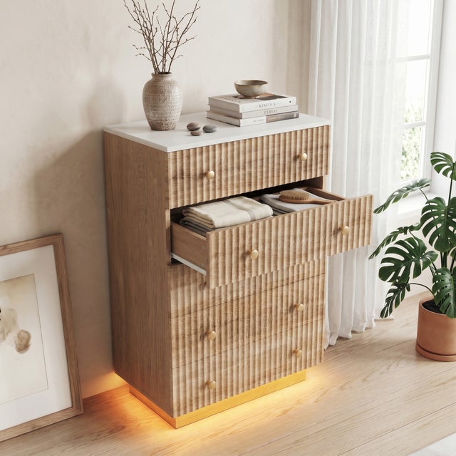 Commode 5 tiroirs - Commode Chambre Meuble de Rangement Style bohème avec Bois - table de chevet avec LED - 40 x 73 x 111 cm - Bois Naturel