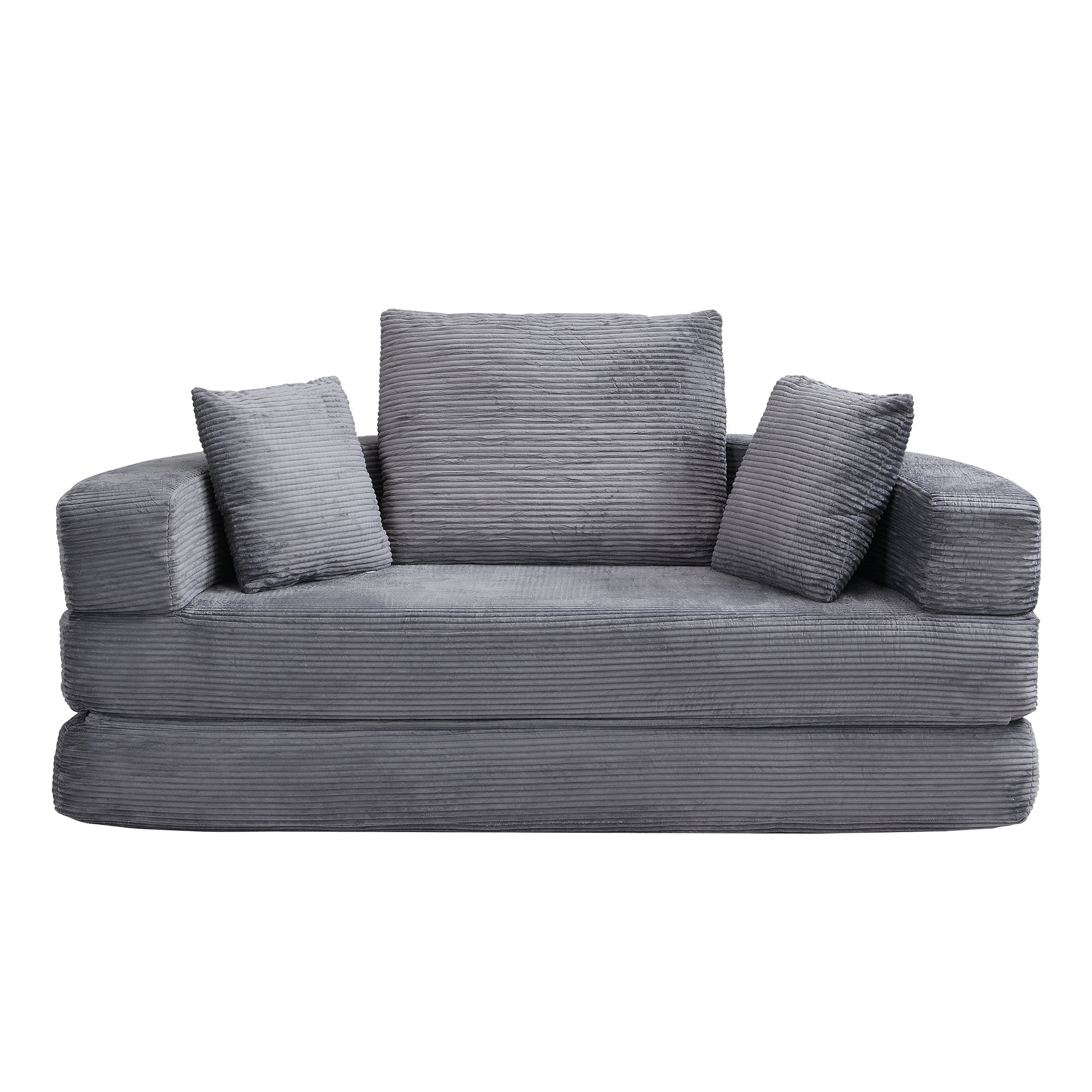 Canapé convertible 2 places rond multifonctionnel, canapé lit pliant en velours côtelé avec 3 coussins, canapé modulaire (173 x 176 cm) - Gris - 9