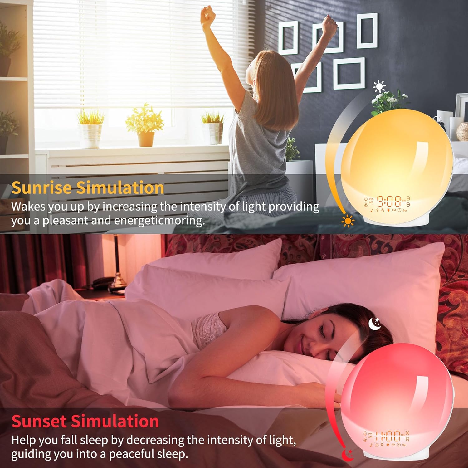 Eveil Lumière LED Radio Réveil Matin Lumineux Lampe de Chevet Simulateur d'Aube et Crépuscule 2 Réveils 7 Sons Naturels Fonction (Jaune) - 5