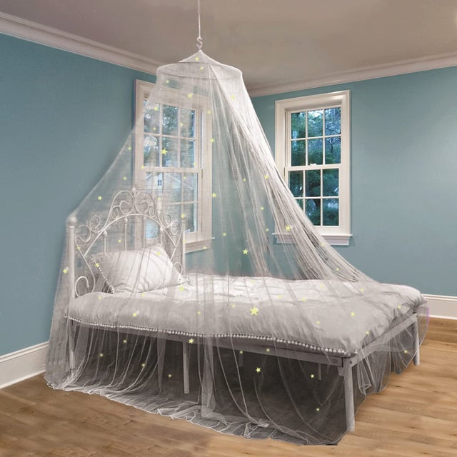 Dosel para cama de niñas con estrellas brillantes - Decoración de habitación de princesa, red de techo, 60*250*900 cm (blanco - estrellas)