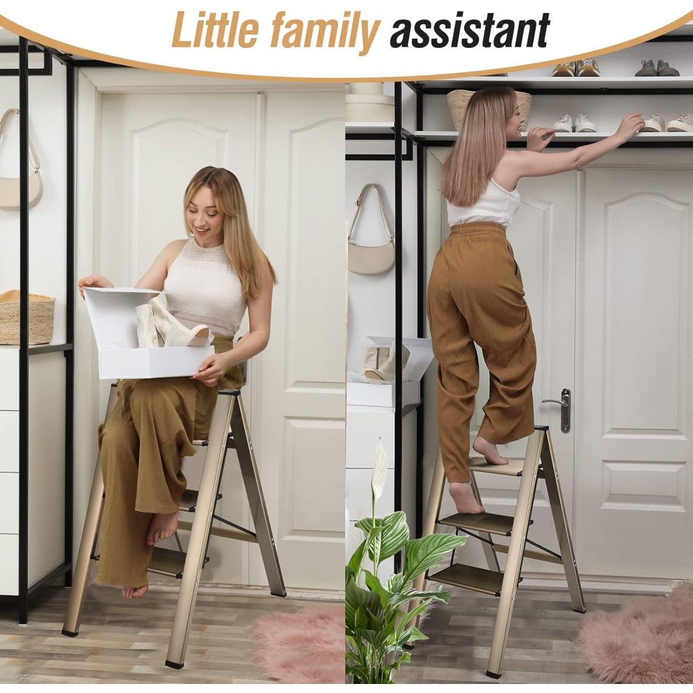 Escabeau pliant 3 marches avec larges pédales antidérapantes, léger, portable, 150 kg, maison et cuisine - 4