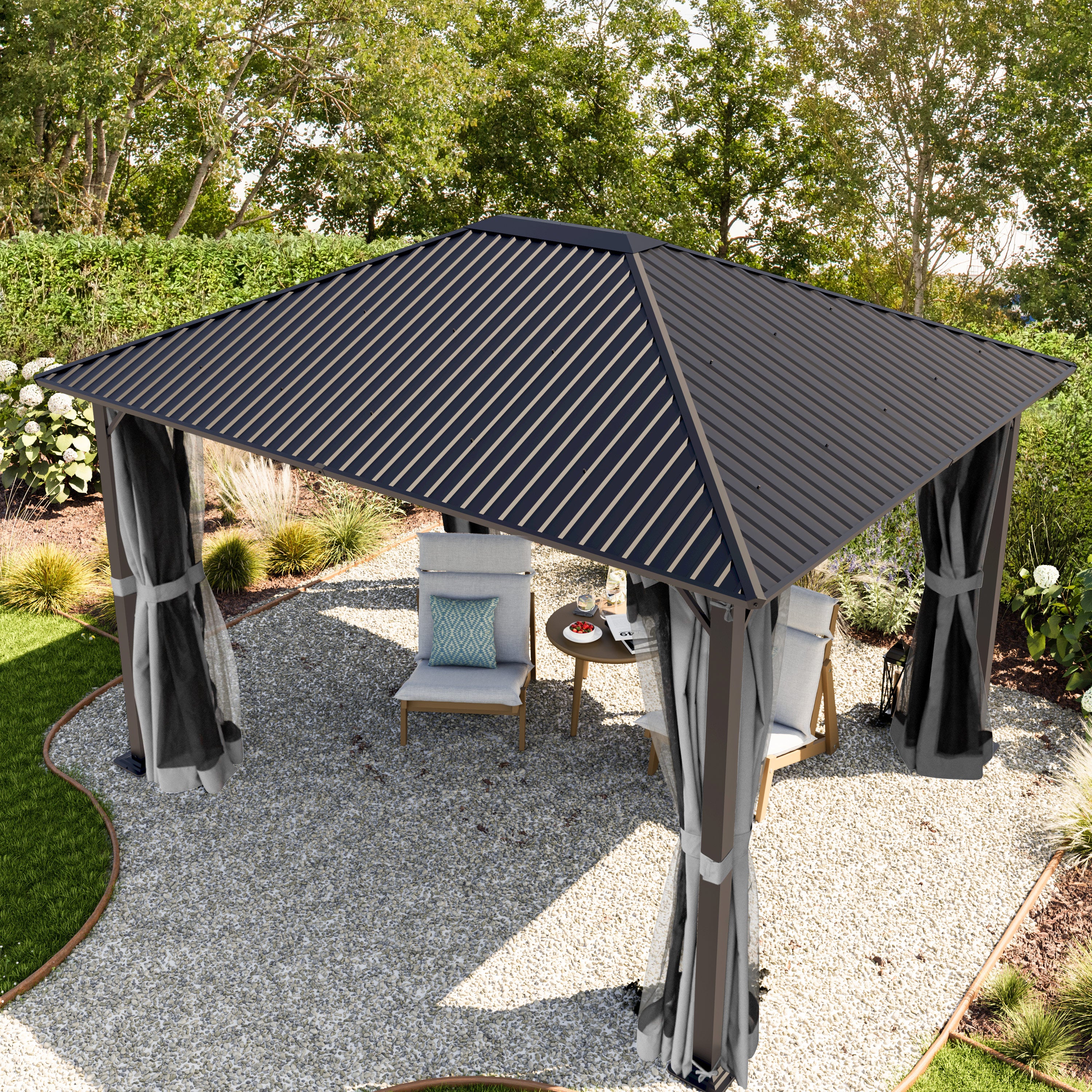 TOOLPORT Cenador de Jardin 3x3,65 m con techo de acero - Hardtop pabellón con 4 cortinas y mosquiteras en gris - 8