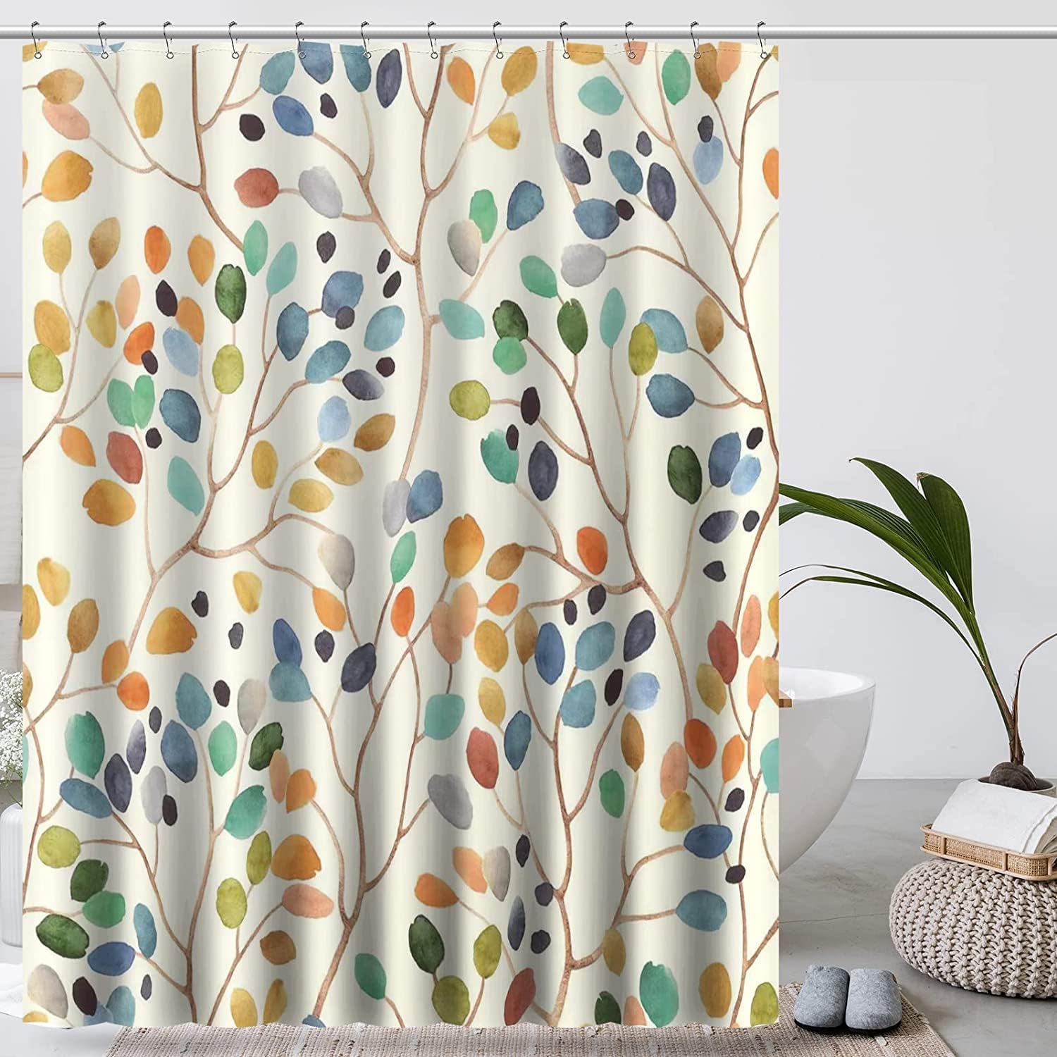 Zasłona prysznicowa anty-pleśniowa 180x200 cm, beżowa zasłona do wanny, nadająca się do prania w pralce, kolorowy wzór botaniczny z otworami, materiał
