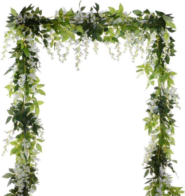 2 m di fiori artificiali in seta, glicine, edera, foglie verdi, ghirlanda di vite da appendere per feste di matrimonio, casa, set da 2, bianco