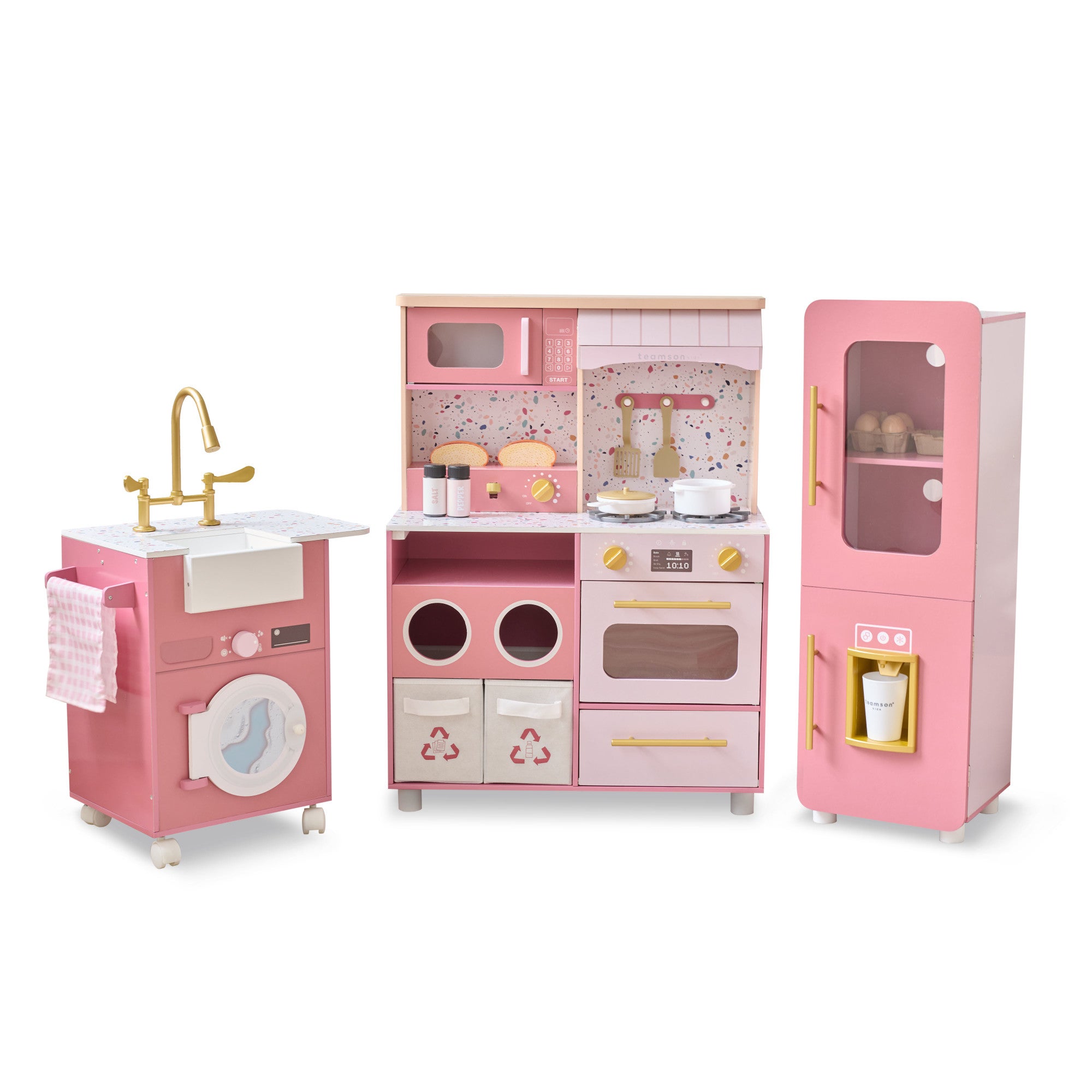 Teamson Kids Cuisine XL Deluxe En Bois – Ensemble Modulaire 3 Pièces Avec Réfrigérateur, Four, Évier, Lave-Linge Et 21 Accessoires – Dès 3 Ans