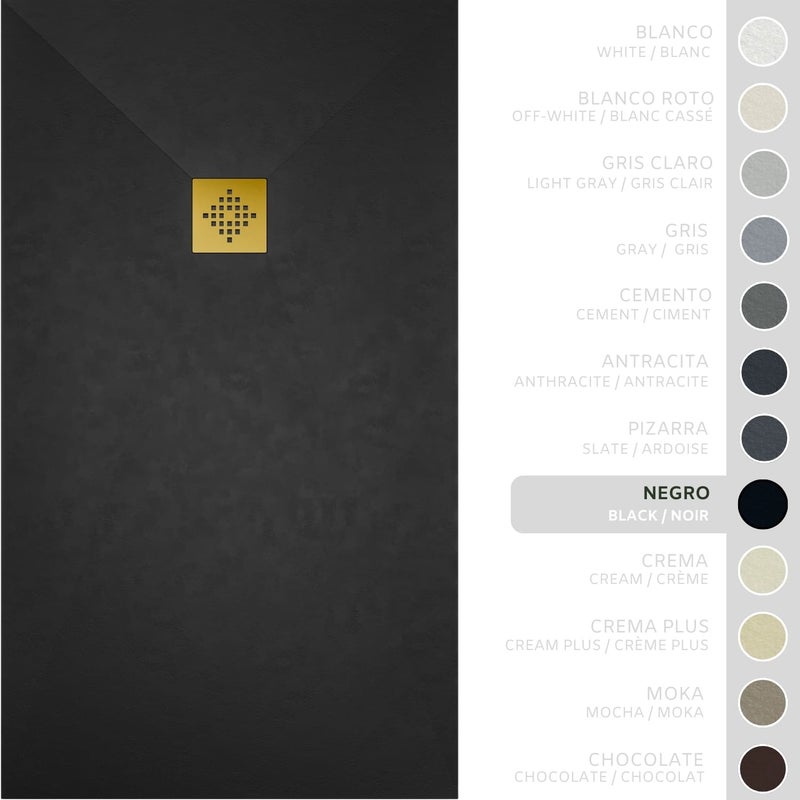 SOULHOME Brodzik prysznicowy– Żywica– Gel Coat– Gładka/Kamienna tekstura – Antypoślizgowy – czarny – 80X70- Niski 3 cm– Ruszt Złoty