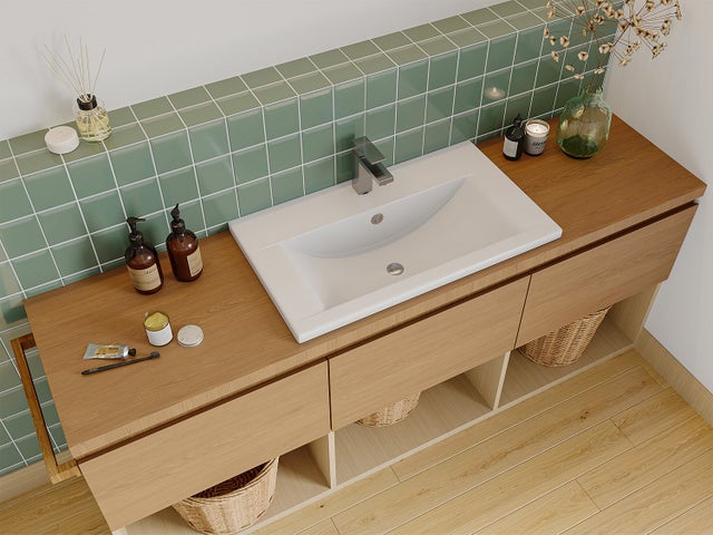 Vasque de salle de bain semi-encastrée rectangle en céramique - 71,5 cm - Blanc - YASMAC II