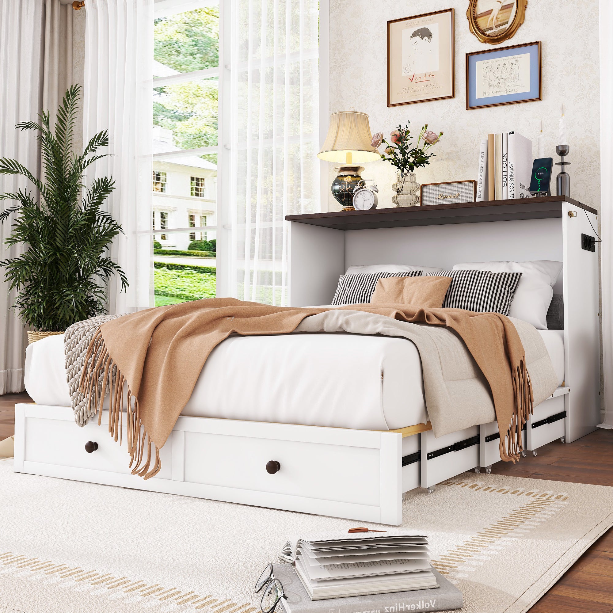 Lit escamotable 140 x 200 cm avec 2 tiroirs et étagère en tête de lit - Bois de pin et MDF - Prise USB - Blanc - 4