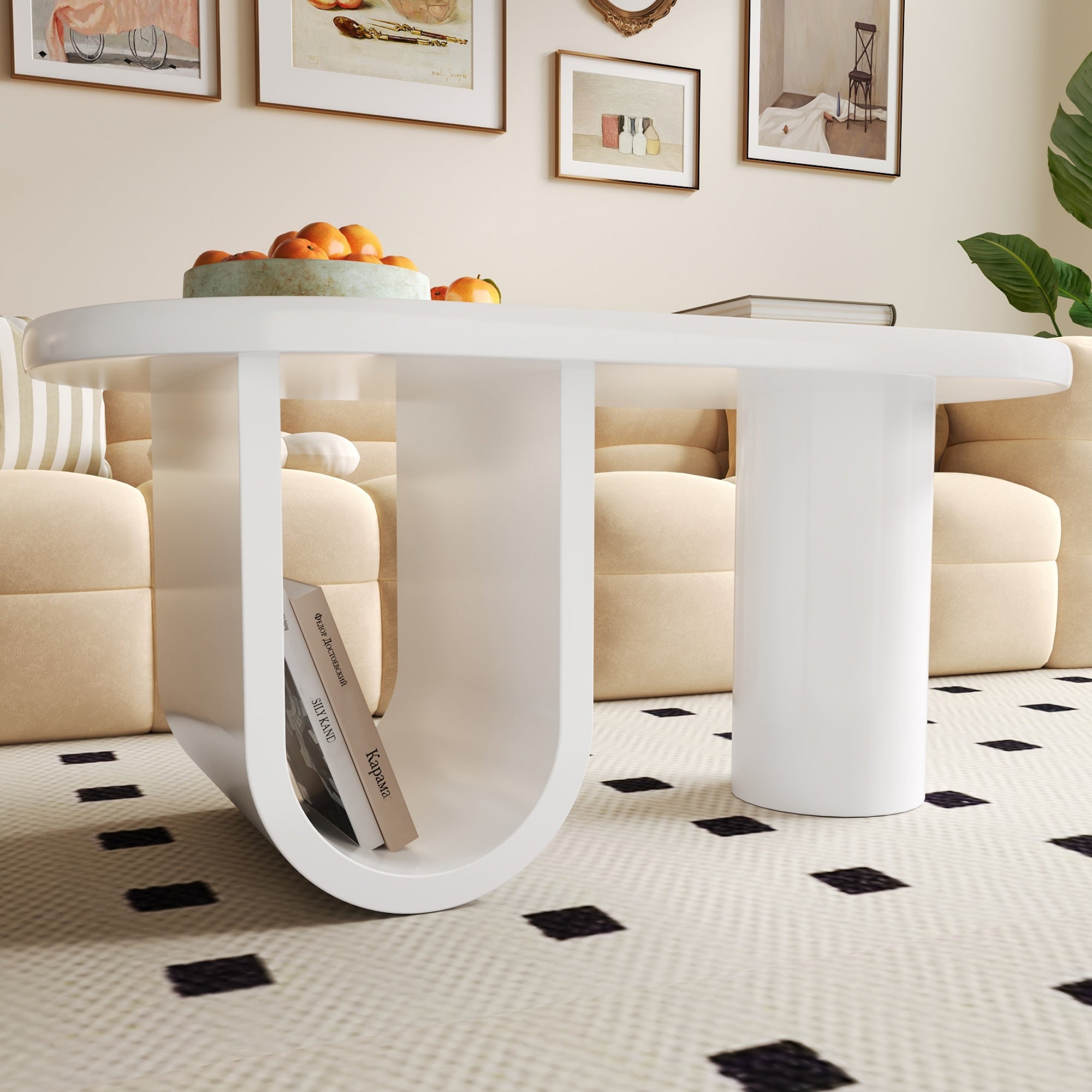 Table Basse Ovale Moderne 90x60x40 Cm - Pieds Bois Hêtre, 2 Niveaux Avec Étagère - Style Nordique Élégant