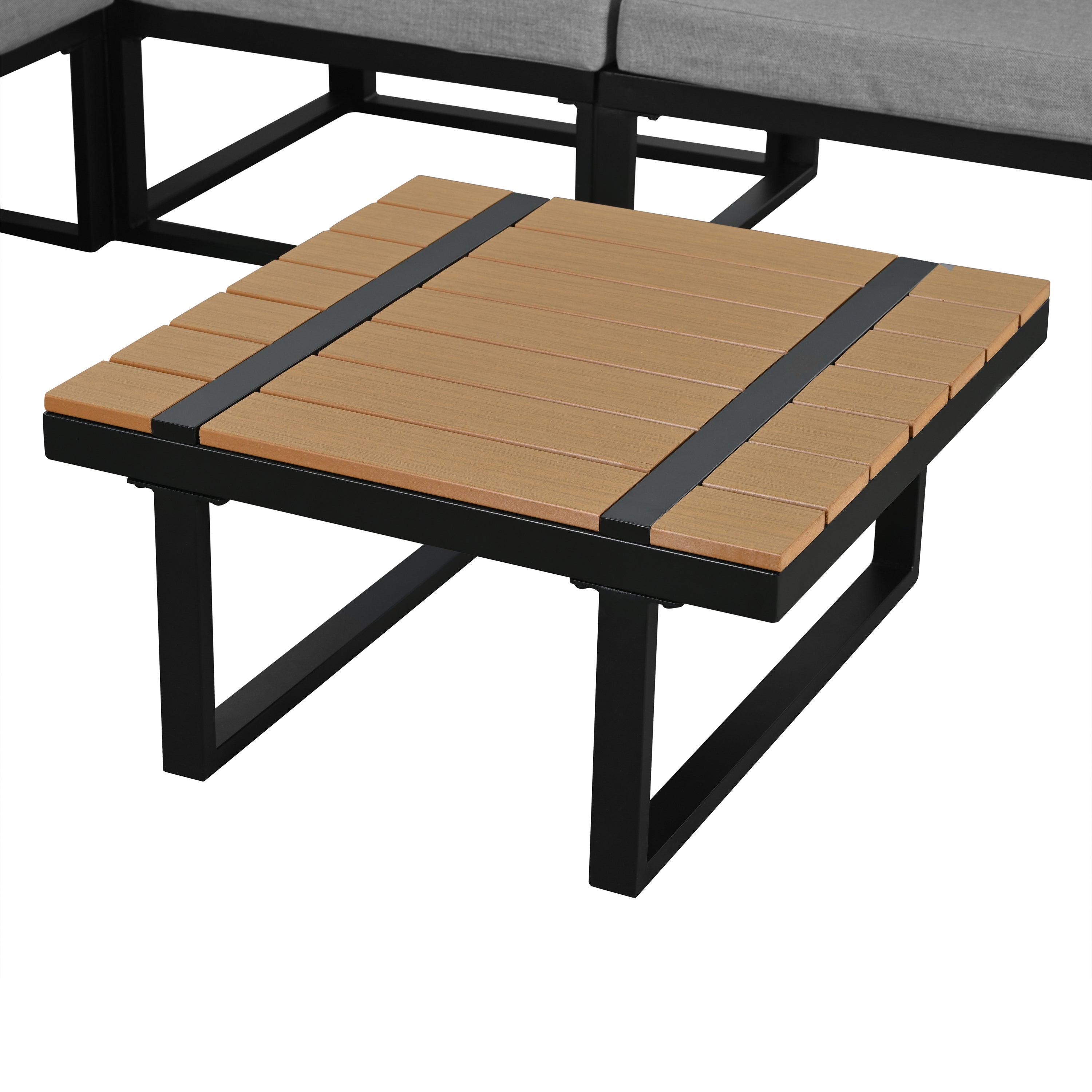 Salon de jardin - ensemble de meubles - 6 places - en acier galvanisé - canapé d'angle - avec table basse - plateau en bois plastique - Gris - 8