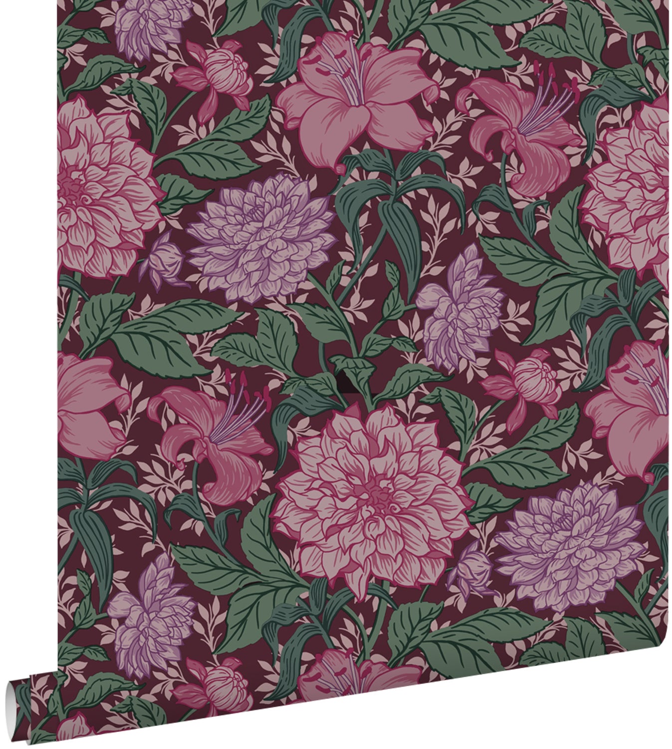 Tapeta zabytkowe kwiaty fuksji różu,fioletowymIzielonym - 50 x 900 cm - ESTAHOME