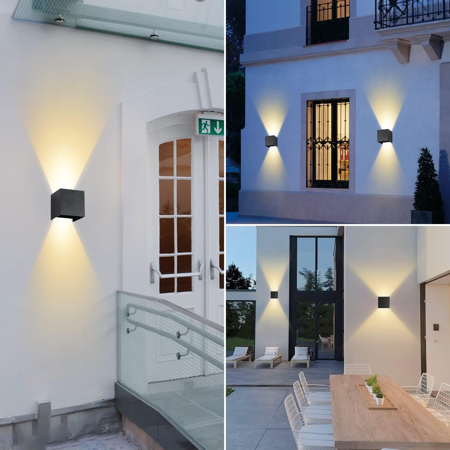 GOECO Lot de 2 appliques murales intérieures/extérieures, 12W, étanches IP65, 3000K, appliques murales carrées pour porche, couloir, salon - Noir - 3